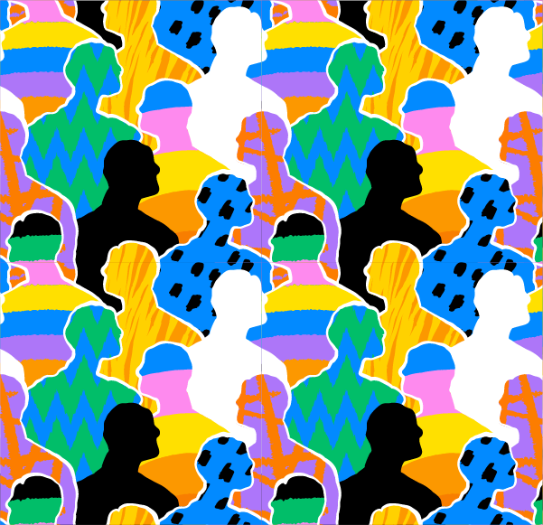 Diverse group of people in various colours forming a vibrant pattern.
